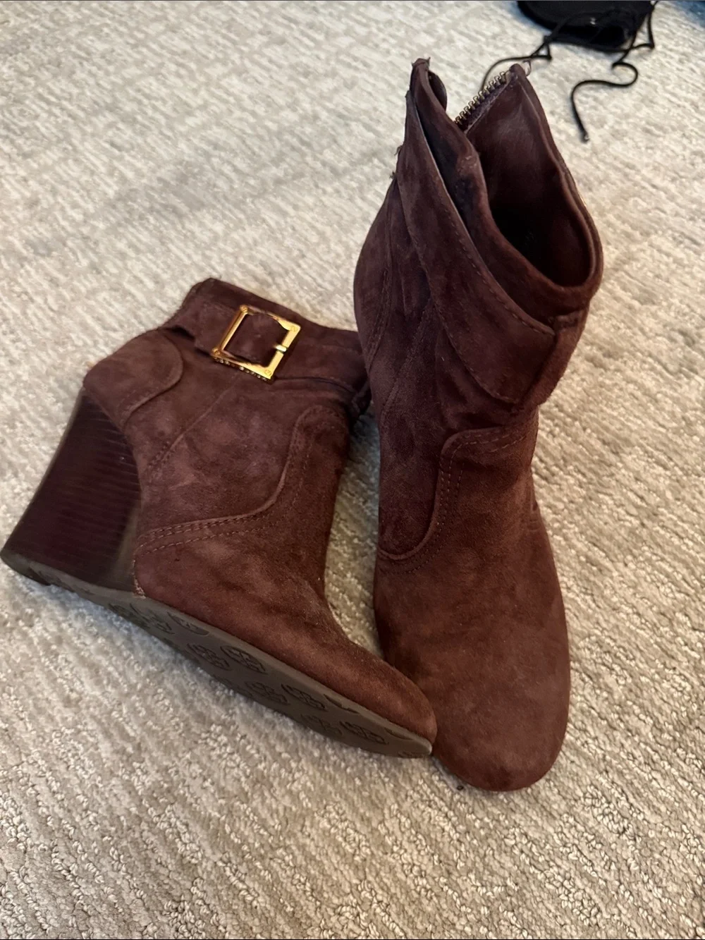 Tory Burch Dark Brown Suede Wedge Ankle Boots with Gold Buckle